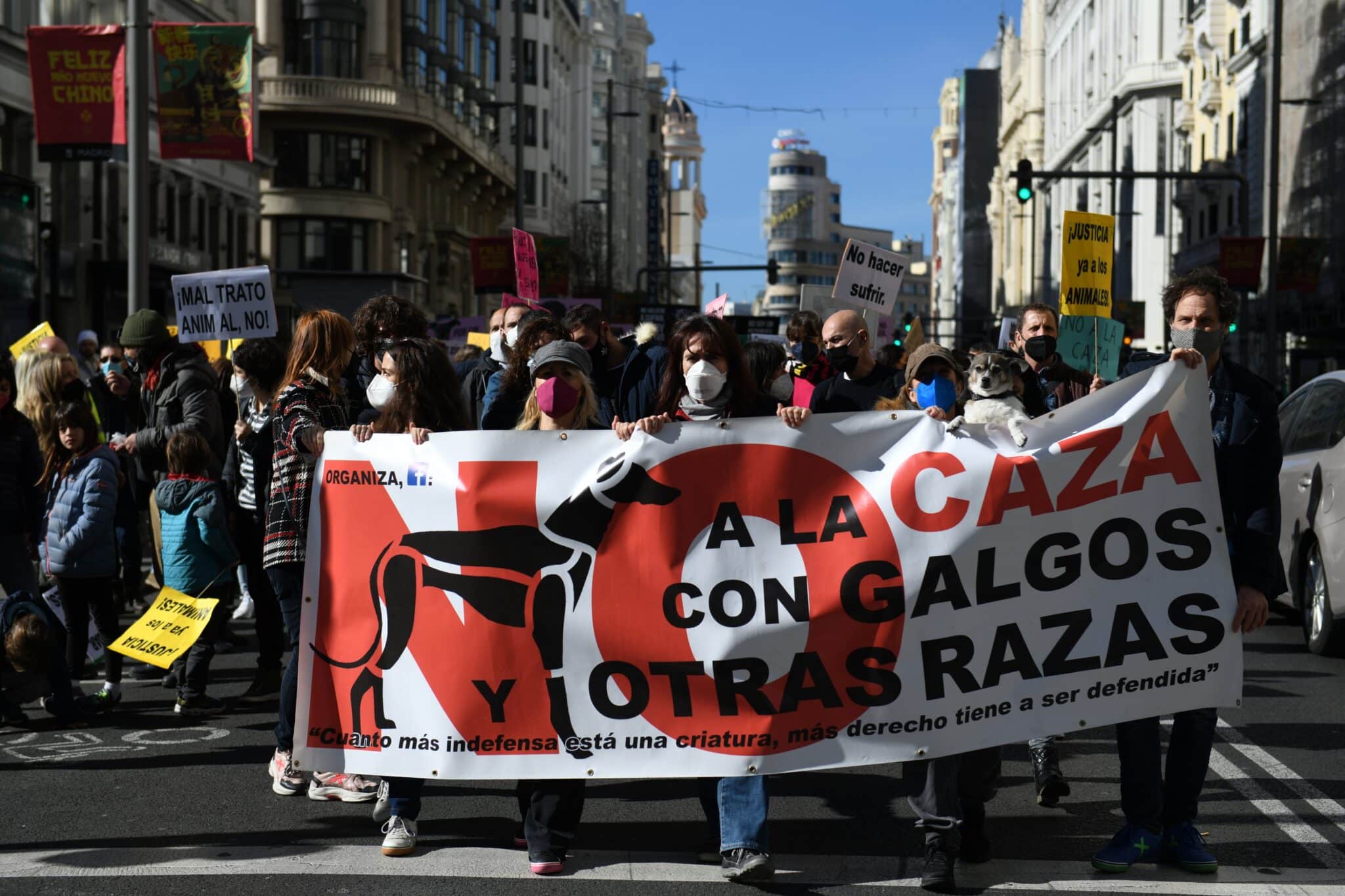 Manifestación contra la caza en Gran Vía, el pasado 6 de febrero