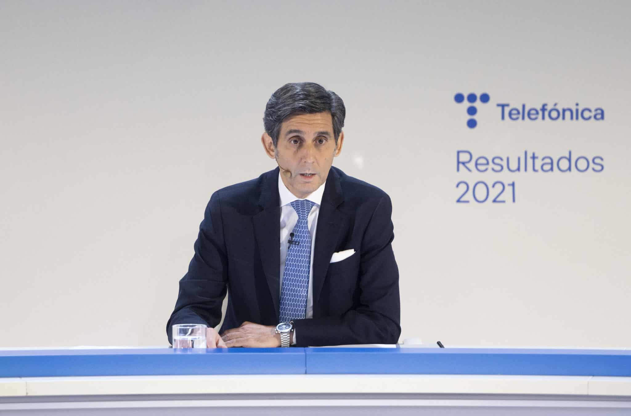 El presidente ejecutivo de Telefónica, José María Álvarez-Pallete, interviene en una rueda de prensa para analizar los resultados de 2021, en Distrito Telefónica, a 24 de febrero de 2022.