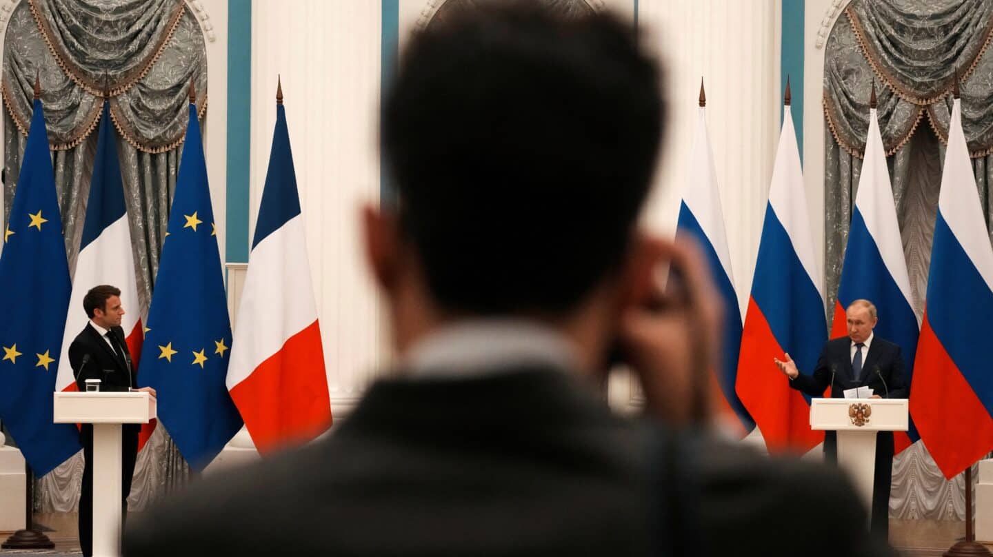 El presidente ruso, Vladimir Putin, en la rueda de prensa con el francés, Emmanuel Macron