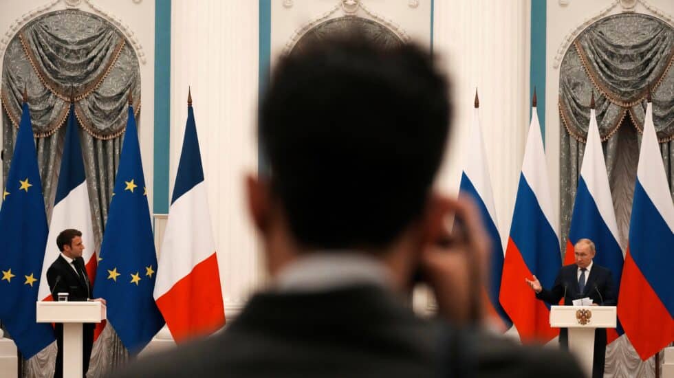 El presidente ruso, Vladimir Putin, en la rueda de prensa con el francés, Emmanuel Macron