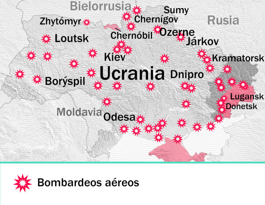 Mapa de los bombardeos rusos en Ucrania en las zonas de guerra