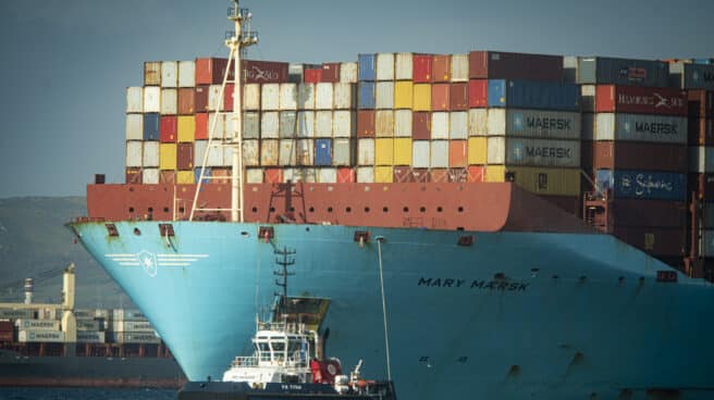 The 18,270 TEU Triple E megaship Mary Maersk arrives at the port of Algeciras.