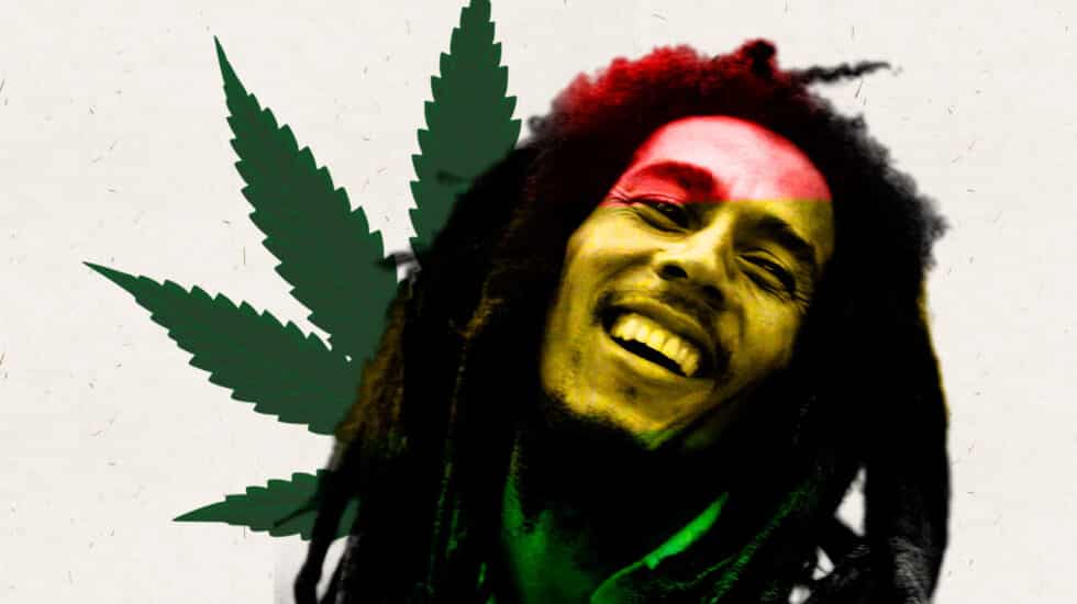 Bob Marley con una hoja de marihuana de fondo