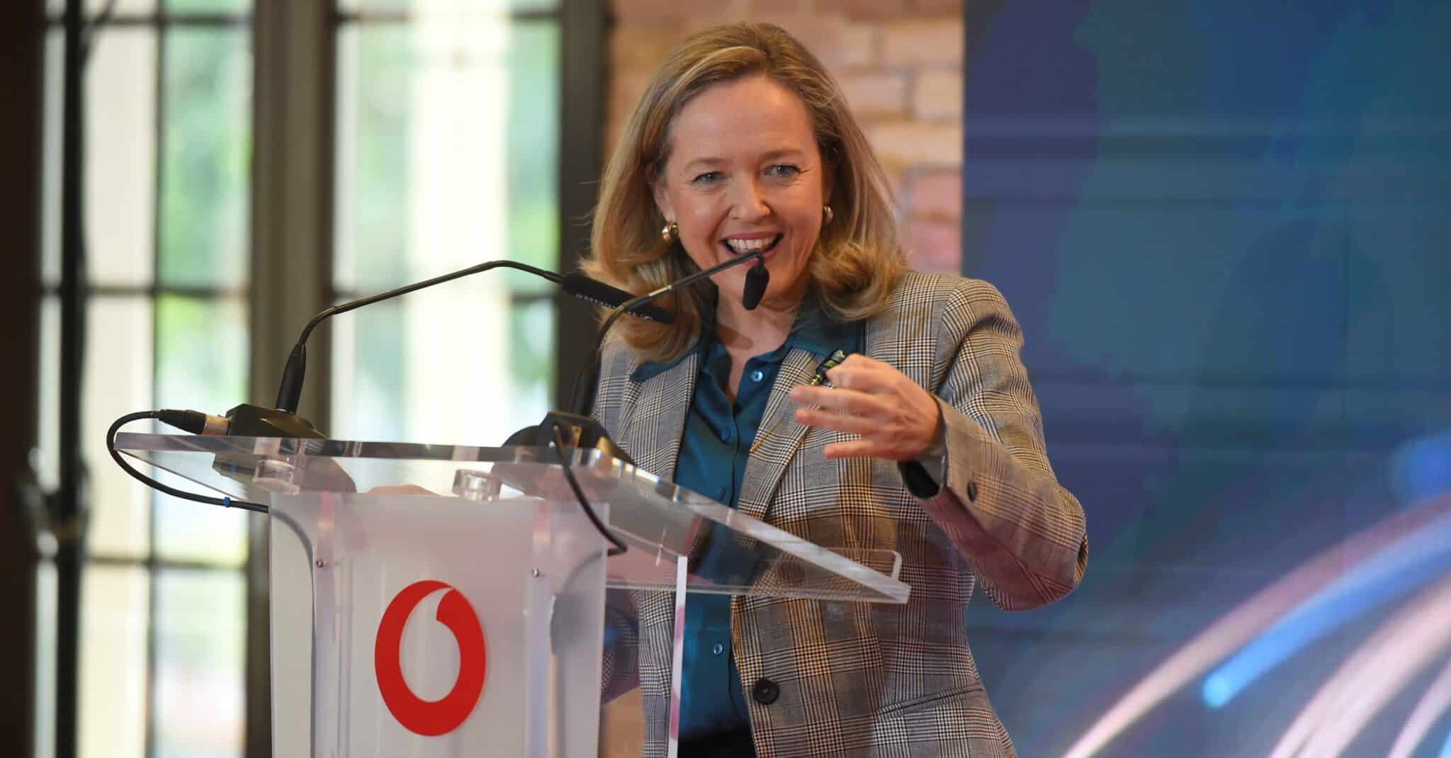 La vicepresidenta Nadia Calviño, en la reciente presentación del Centro Europeo de Excelencia de Vodafone.