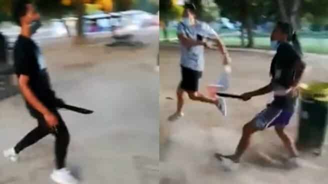 Fotogramas de la reyerta con machetes en Zaragoza en el parque Tío Jorge en 2020.