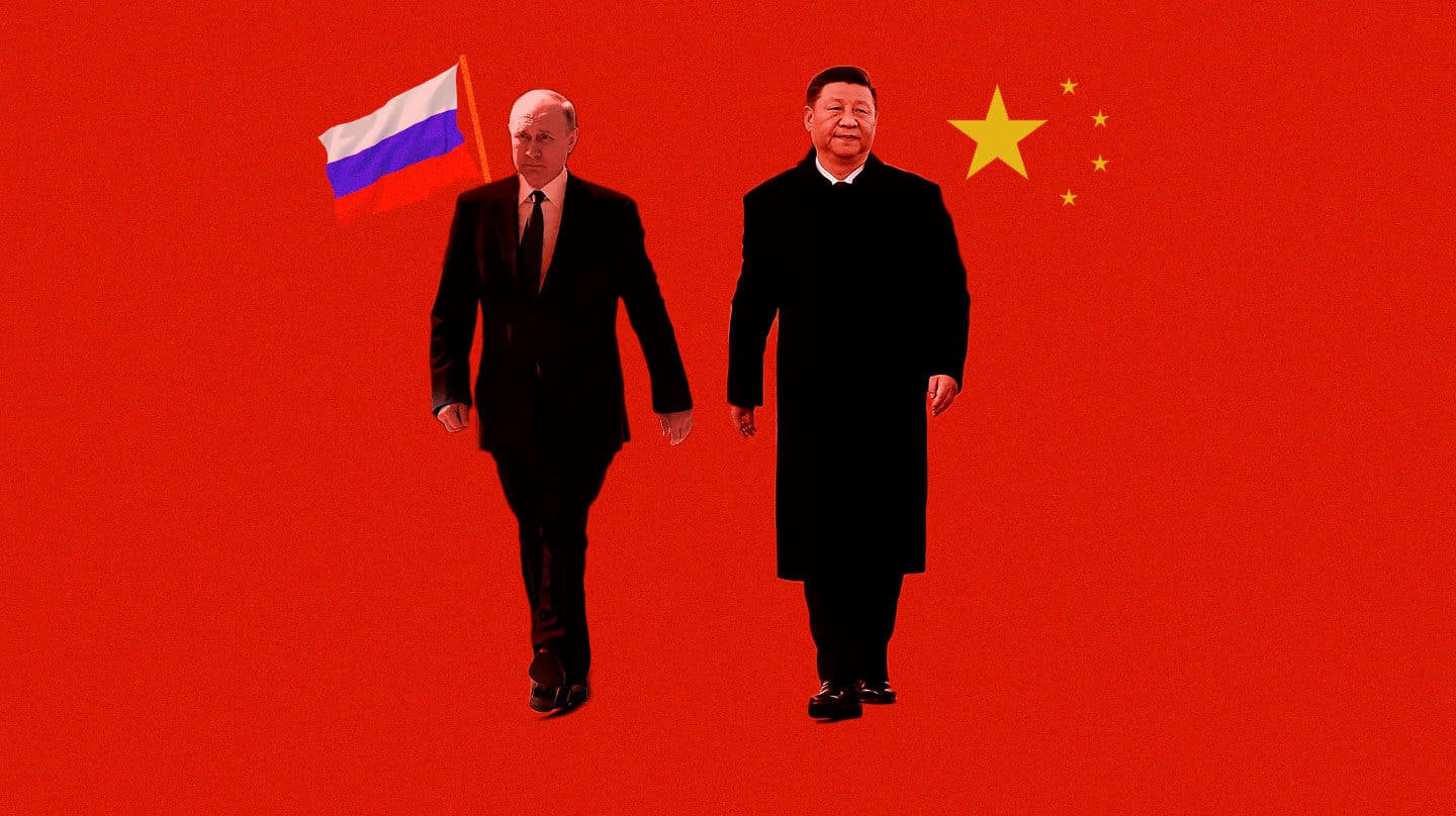 Imagen de Putin y Xi Jinping con la bandera de Rusia y de China detrás