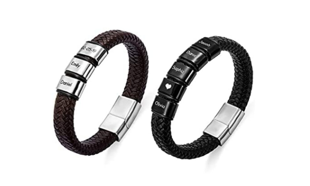 Pulsera de cuero marón y negro con cuentas personalizadas en plateado o negro