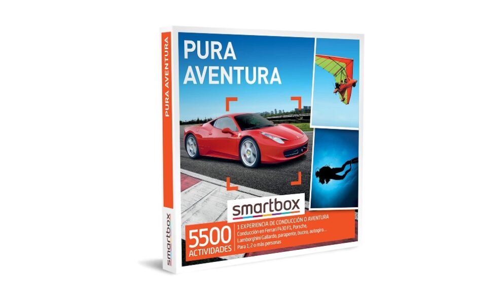 Caja de smartbox con la imagen de un ferrari, un parapente y un buceador