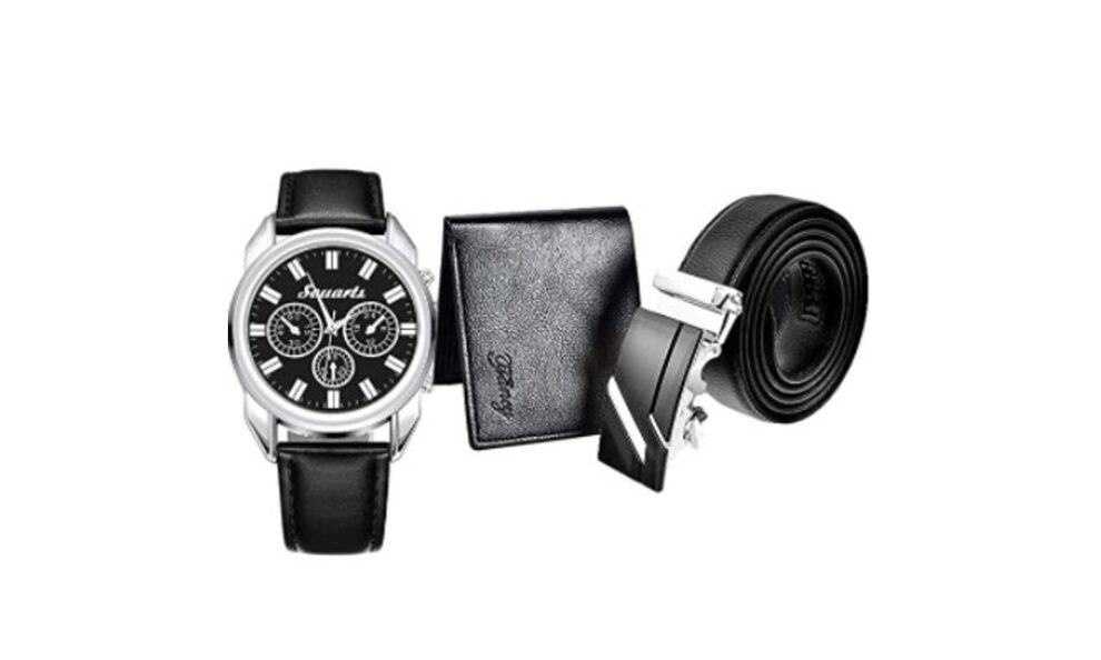 Reloj negro junto a cartera negra y cinturón negro