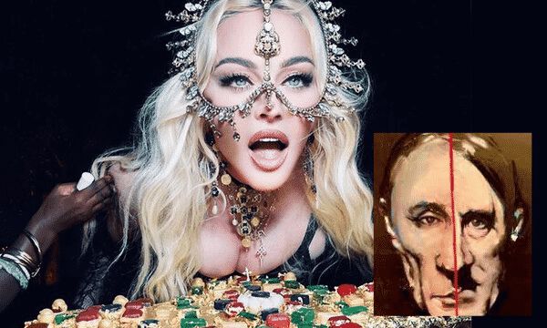 Imagen de Madonna junto al cuadro español que compara a Hitler y Putin
