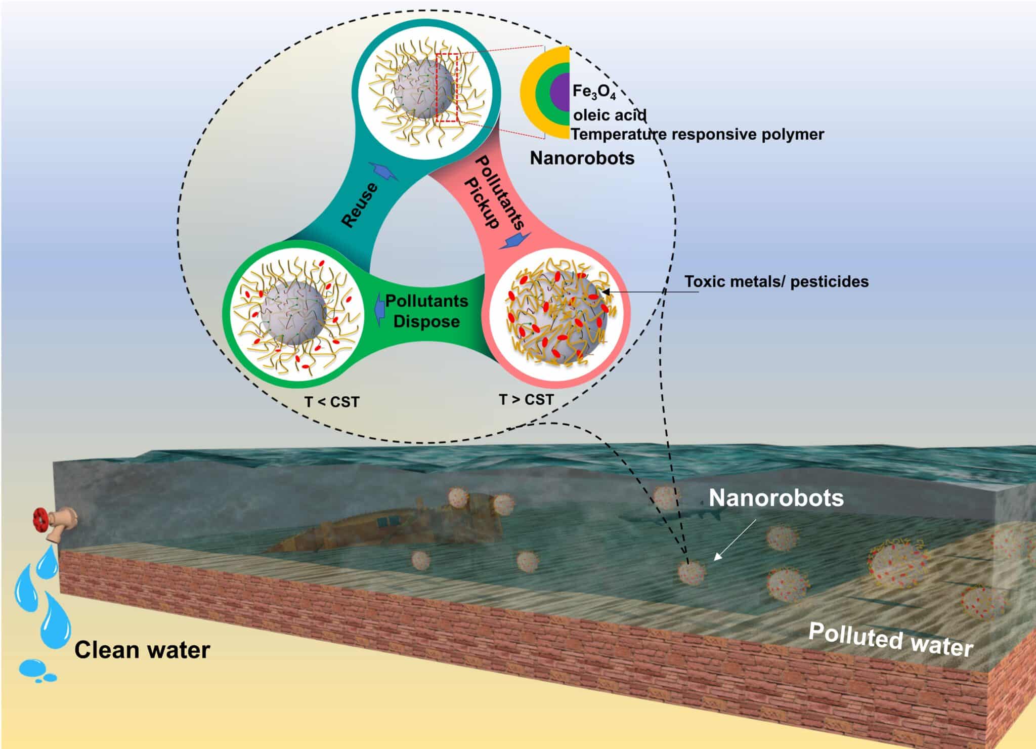 Esquema del sistema de limpieza de nanorobots.