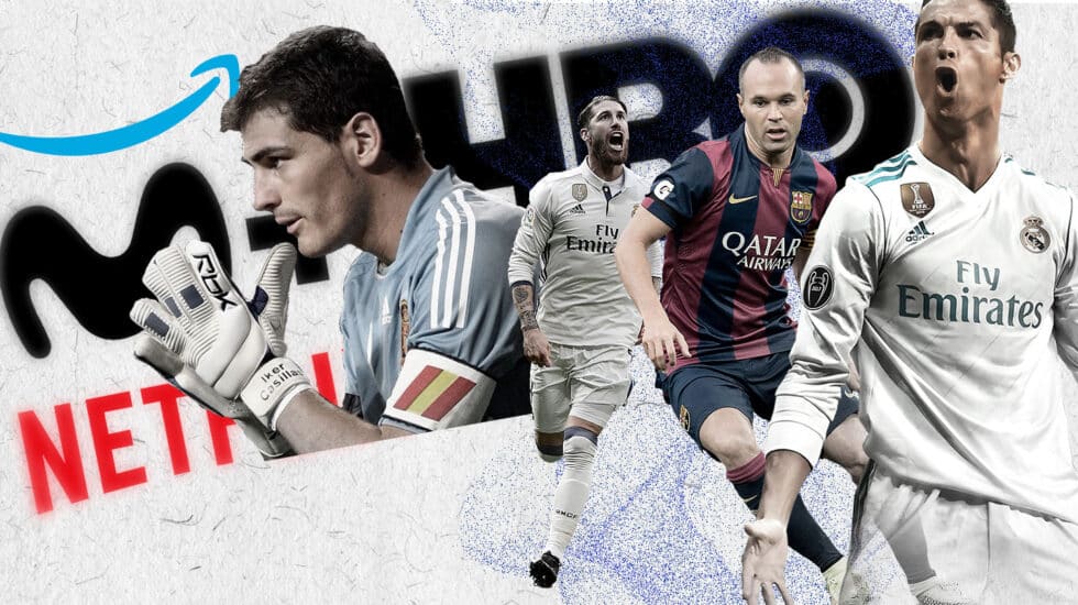 Imagen de los logos de las plataformas movistar, amazon prime, HBO y Netflix con los jugadores de futbol Casillas, Sergio Ramos, Iniesta y Cristiano Ronaldo