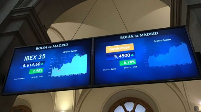 La bolsa sube un 2,98 % y supera los 8.600 puntos por avances Rusia y Ucrania Panel del Ibex 35, que muestra una subida cercana al 3%