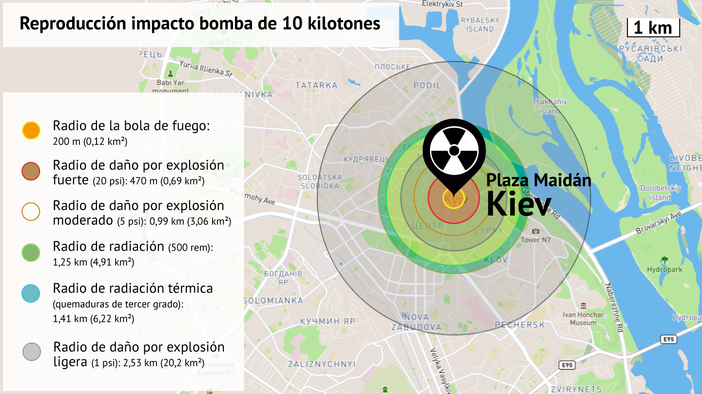 Reproducción del impacto sobre Kiev de una bomba de 10 kilotones