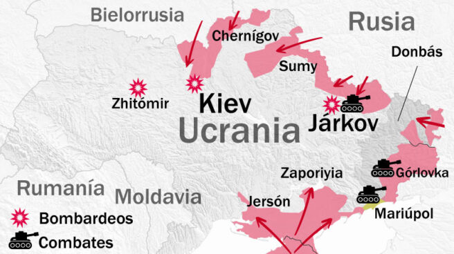 Mapa de Ucrania que representa la invasión rusa y los combates