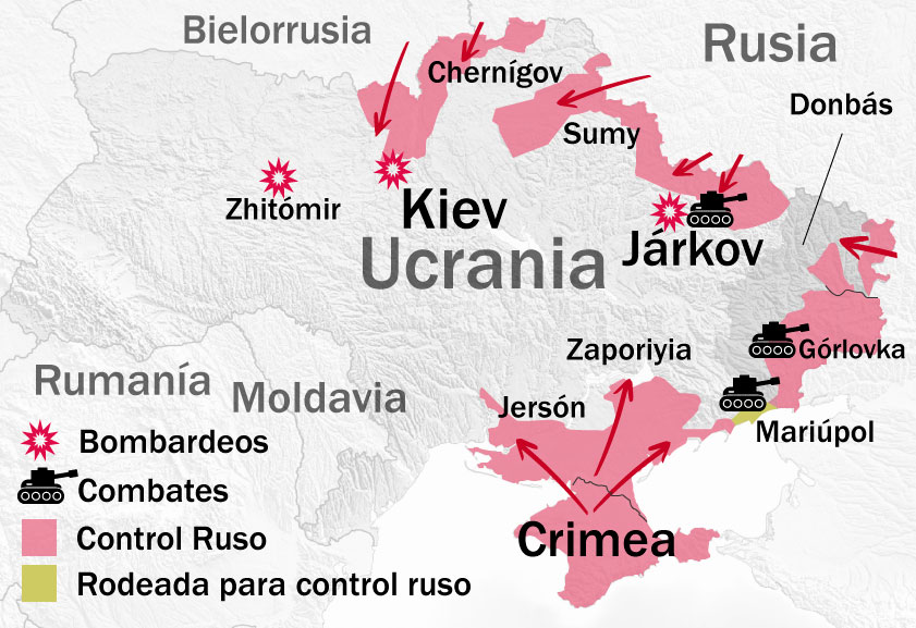 Mapa de Ucrania que representa la invasión rusa y los combates