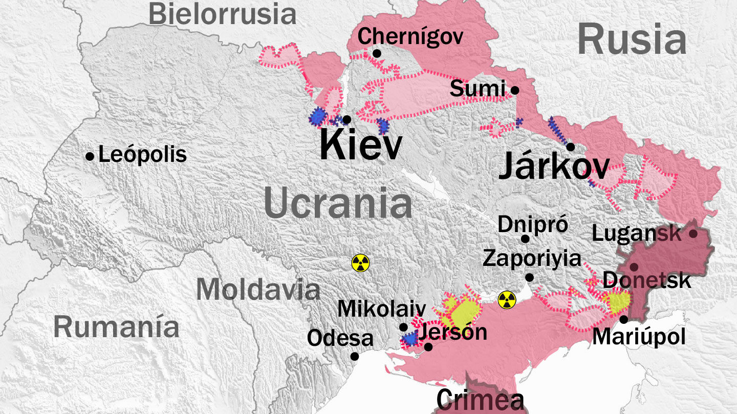 Mapa de la invasión rusa en Ucrania a 29 de marzo de 2022