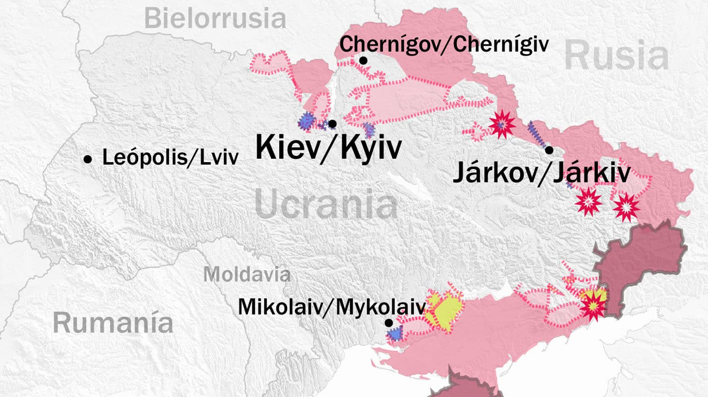 Mapa de la invasión de Rusia a Ucrania con algunas ciudades en ruso/ucraniano en el alfabeto románico