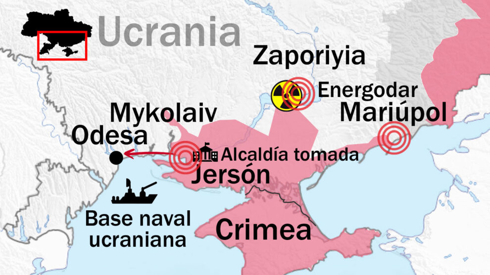 Mapa de situación en el sur de Ucrania con la invasión rusa a 3 de marzo