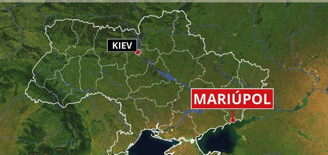 Distancia entre Mariupol y Kiev señaladas en un mapa de Ucrania