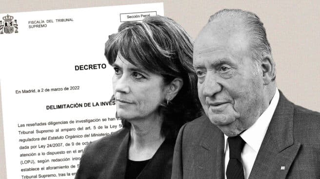 Rey emérito Juan Carlos y Dolores Delgado Ilustración del rey emérito Juan Carlos I junto a Dolores Delgado, Fiscal General del Estado