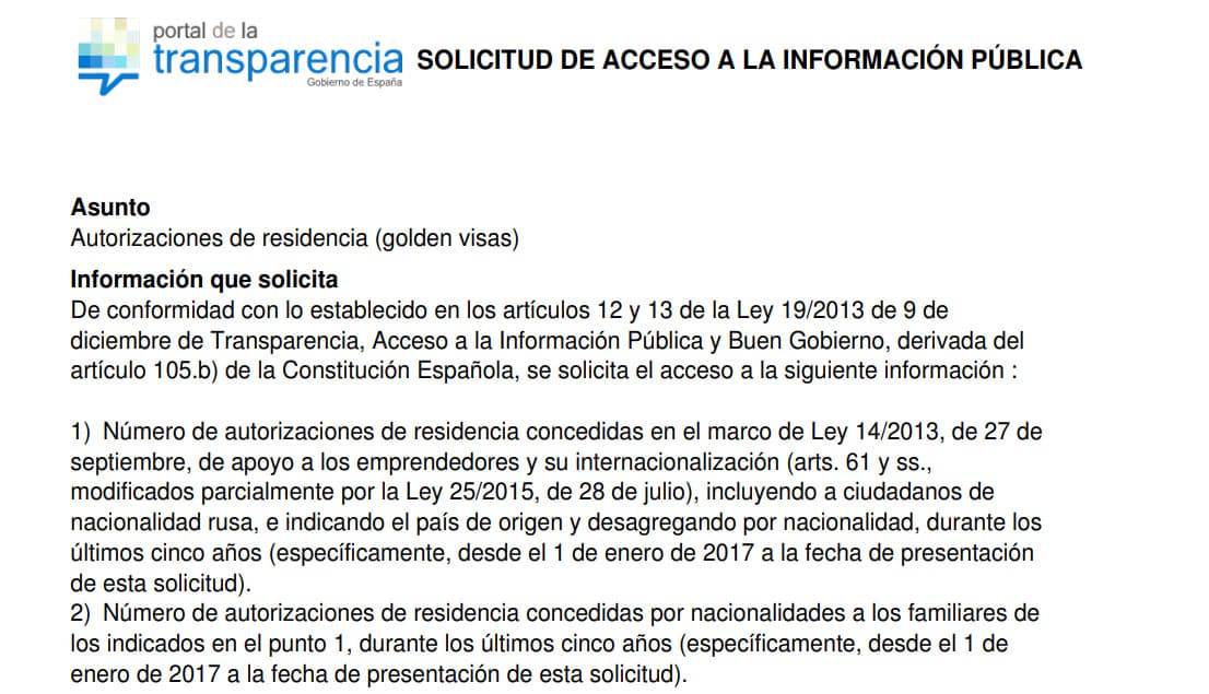 Transparencia Internacional España solicita acceso a la información sobre ‘golden visas’