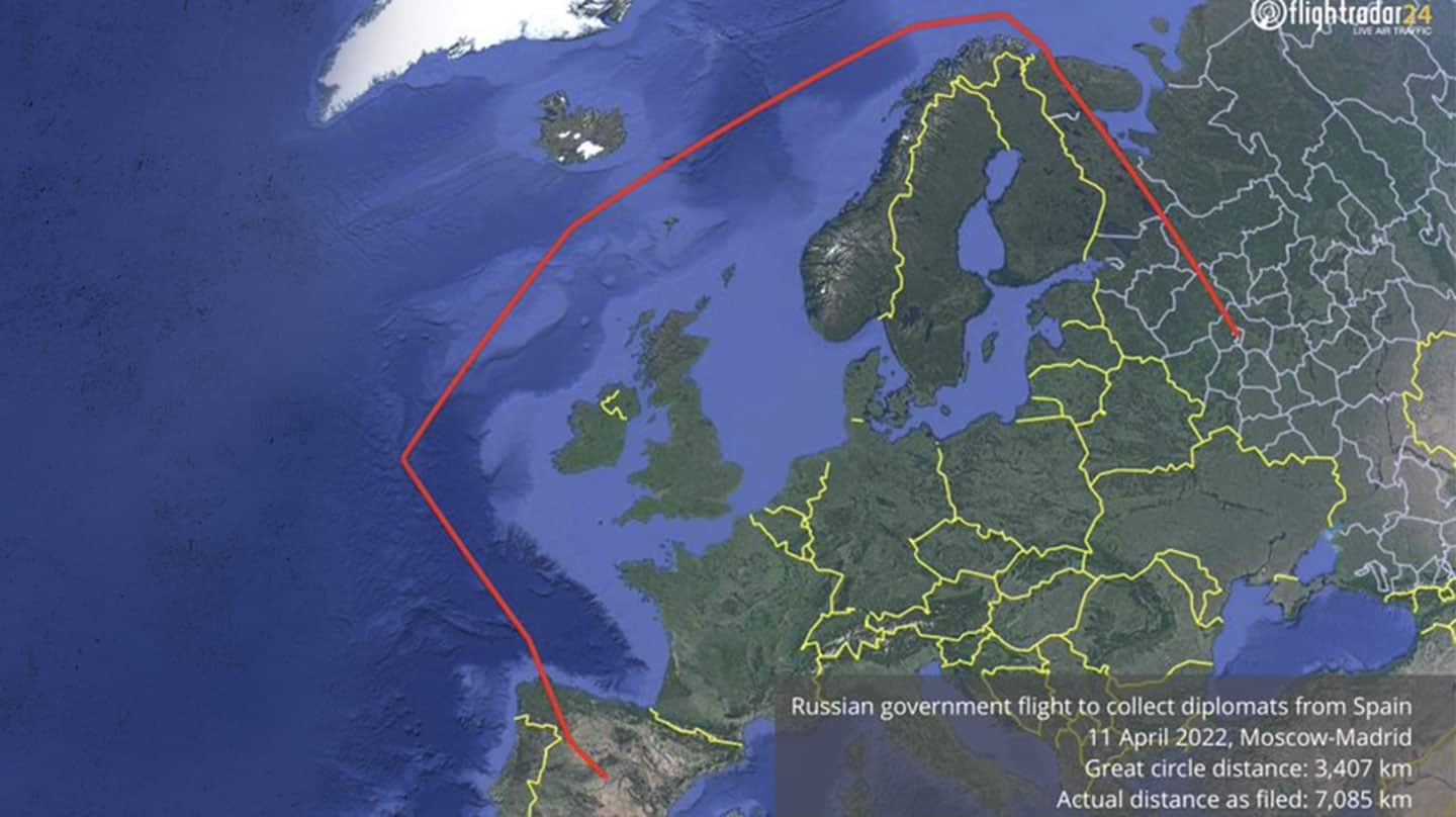 Ruta del vuelo RSD088 del Kremlin para recoger a su personal expulsado de España.