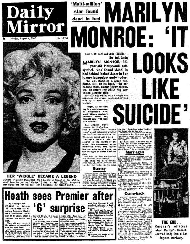 Portada del fallecimiento Marilyn Monroe del Daily Mirror