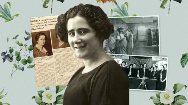 Imagen de Clara Campoamor con un recorte de periódico e imágenes de telefonistas.