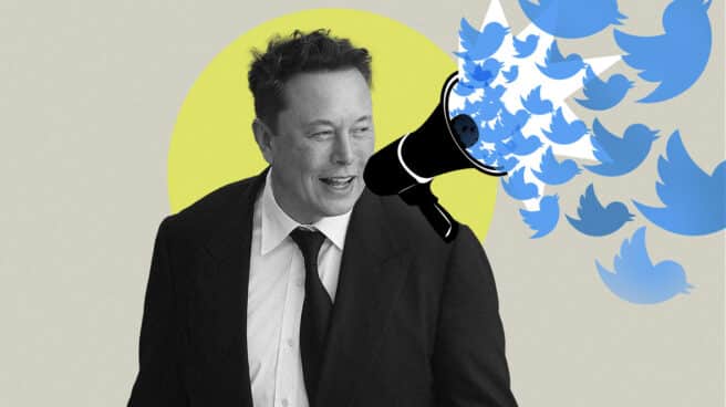 Imagen de multimillonario Elon Musk con un megáfono del que sales muchos pajaritos de twitter