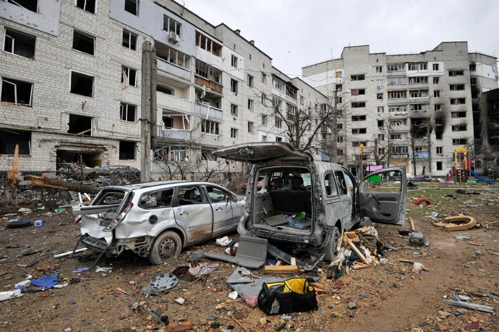 Zona residencial destrozada en Borodianka, al noroeste de Kiev (Ucrania)