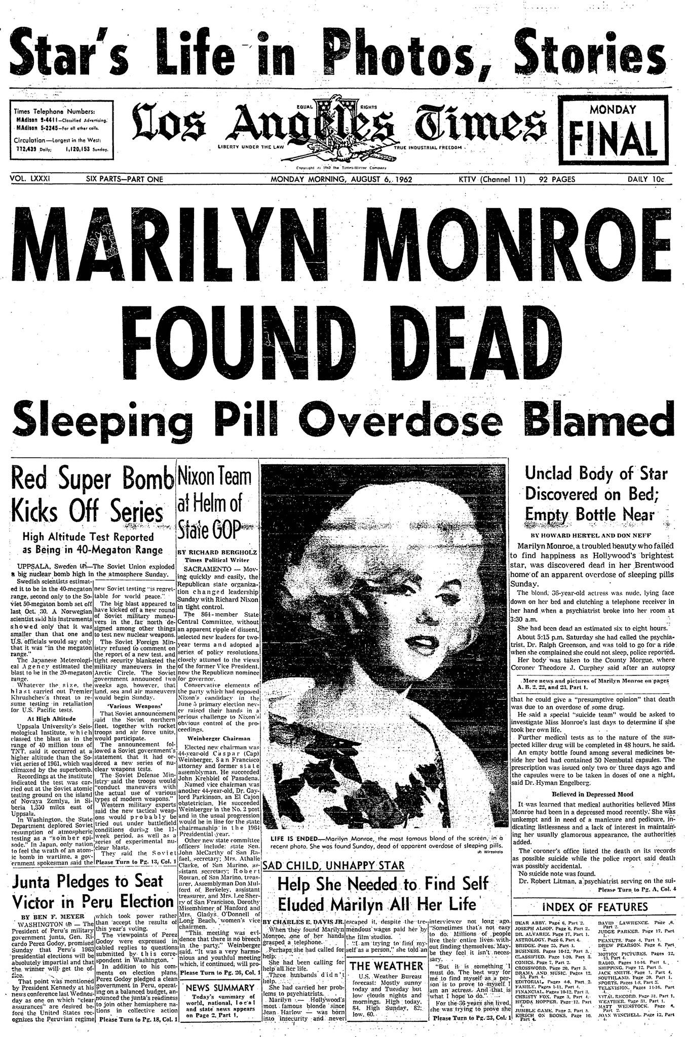 Portada del fallecimiento Marilyn Monroe del Los Angeles Times