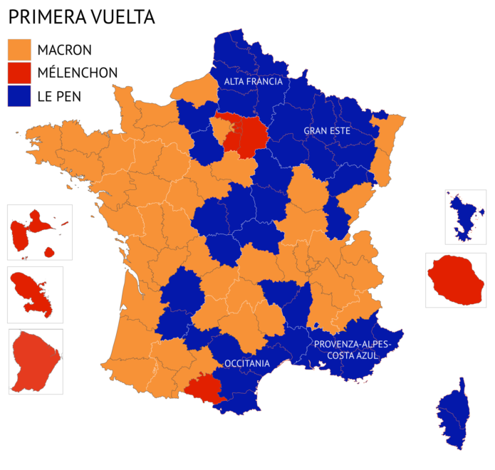 Mapa primera vuelta en las elecciones presidenciales francesas de 2022