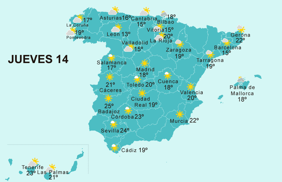 Mapa del tiempo en España jueves 14 de abril de 2022 (Semana Santa)