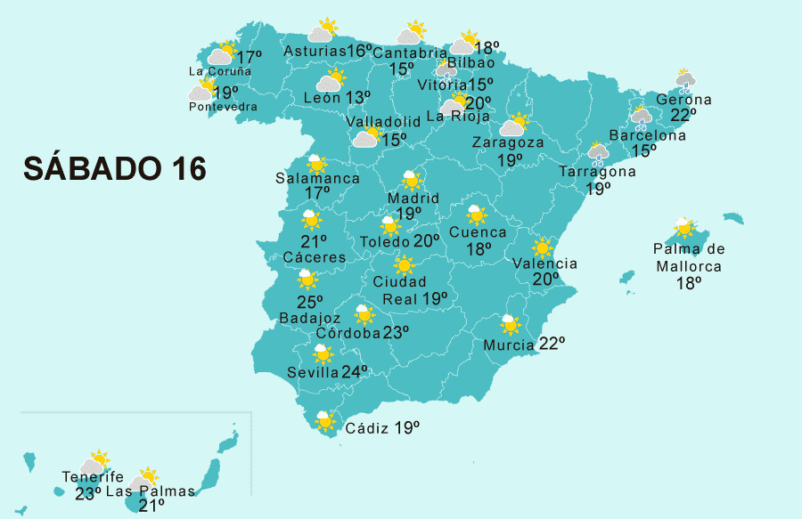 Mapa del tiempo en España sábado 16 de abril de 2022 (Semana Santa)