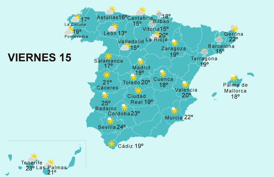 Mapa del tiempo en España viernes 15 de abril de 2022 (Semana Santa)