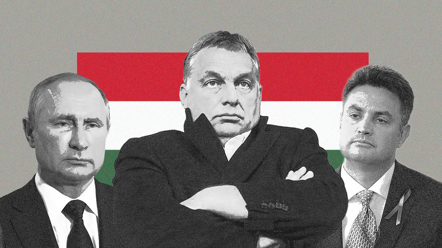 Imagen de Putin, Orban y Mary Zay sobre la bandera de hungría