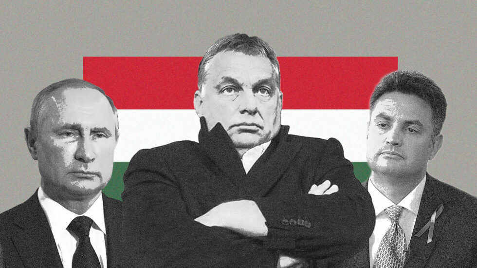 Imagen de Putin, Orban y Mary Zay sobre la bandera de hungría