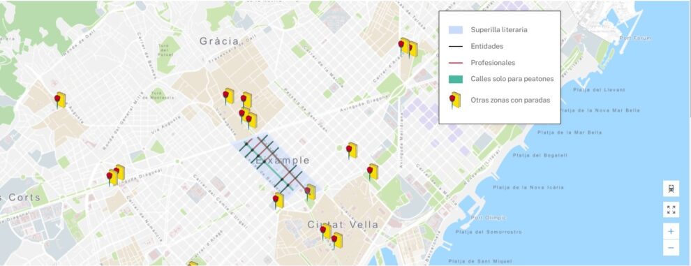 Mapa de Barcelona que muestra las calles cortadas y las zonas culturales para Sant Jordi