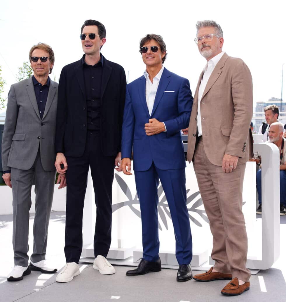 El productor Jerry Bruckenheimer, el director Joseph Kosinski, el actor Tom Cruise y el guionista Christopher Mcquarrie