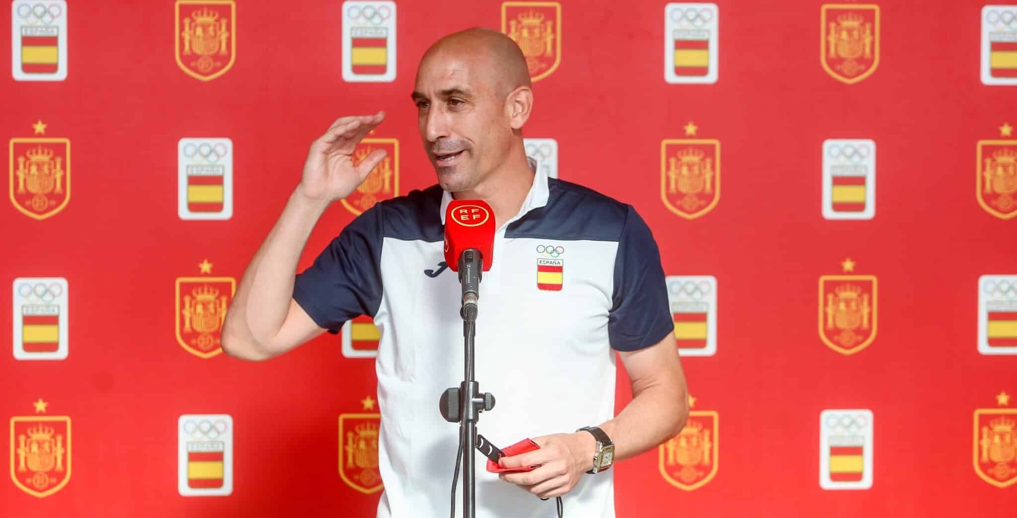 El presidente de la Federación Española de Fútbol (RFEF), Luis Rubiales, en un acto de la selección olímpica.