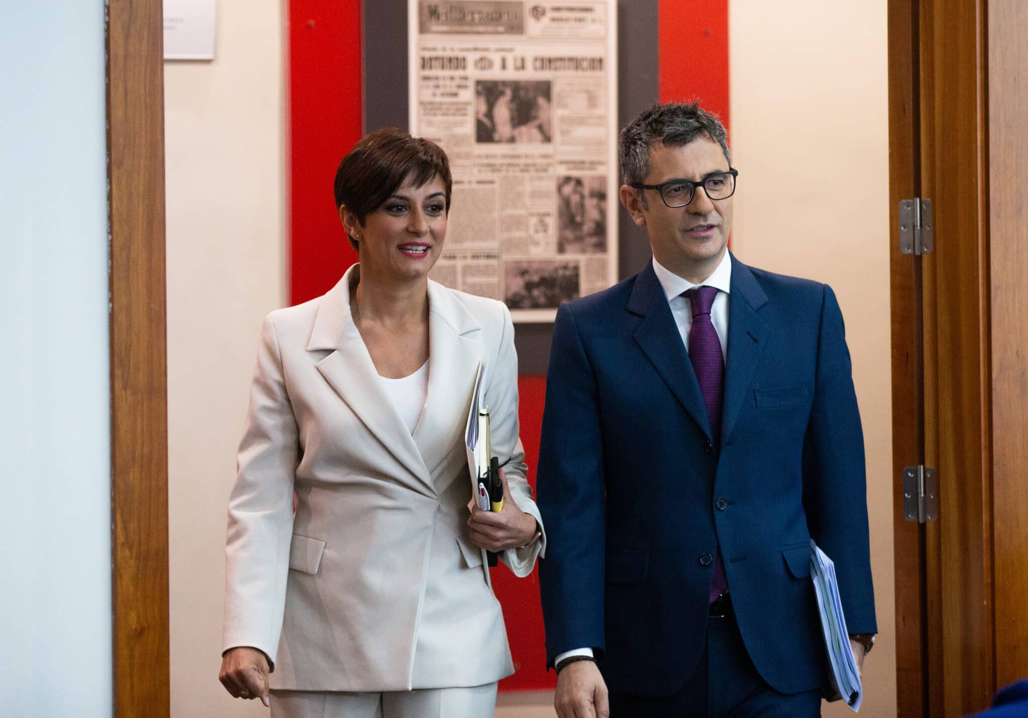 La ministra Portavoz, Isabel Rodríguez y el ministro de Presidencia, Félix Bolaños, a su llegada a una rueda de prensa posterior al Consejo de Ministros