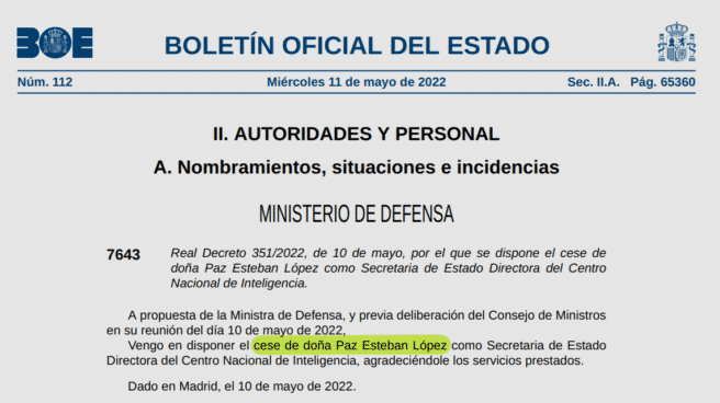 Resolución del "cese" de Paz Esteban como directora del CNI publicado en el BOE.