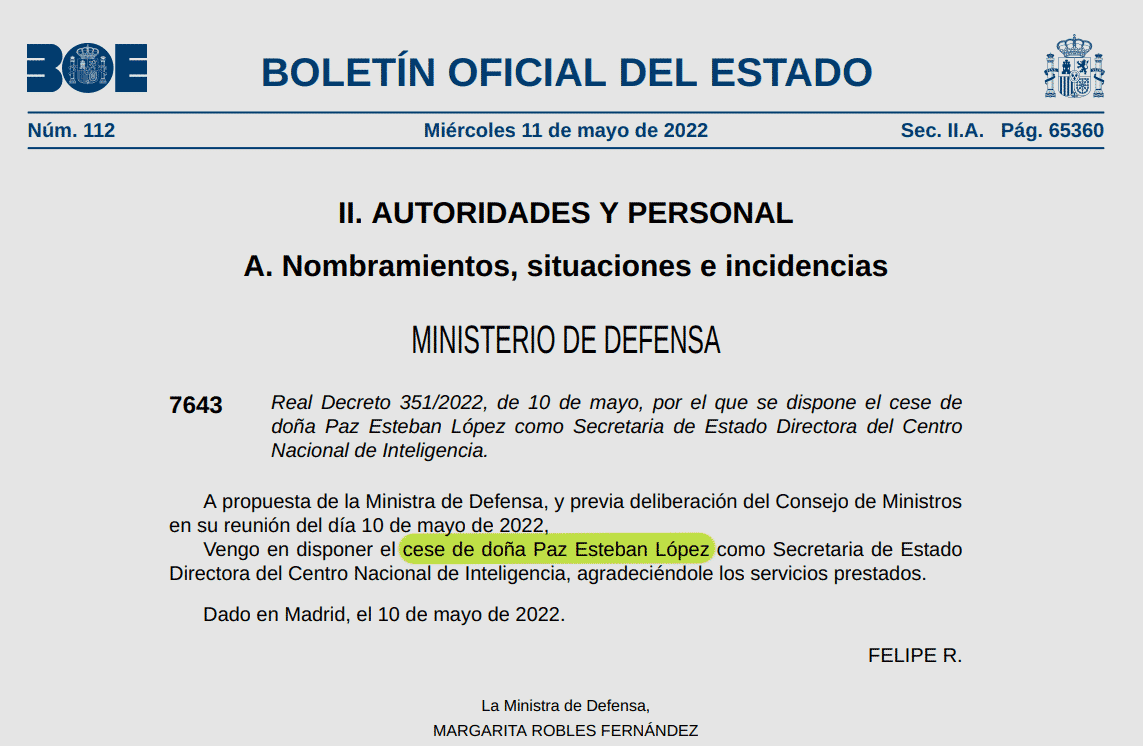 Resolución del "cese" de Paz Esteban como directora del CNI publicado en el BOE.
