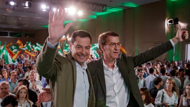 Alberto Núñez Feijóo y Juanma Moreno, en un mitin del PP en Sevilla. Alberto Núñez Feijóo y Juanma Moreno, en un mitin del PP en Sevilla.