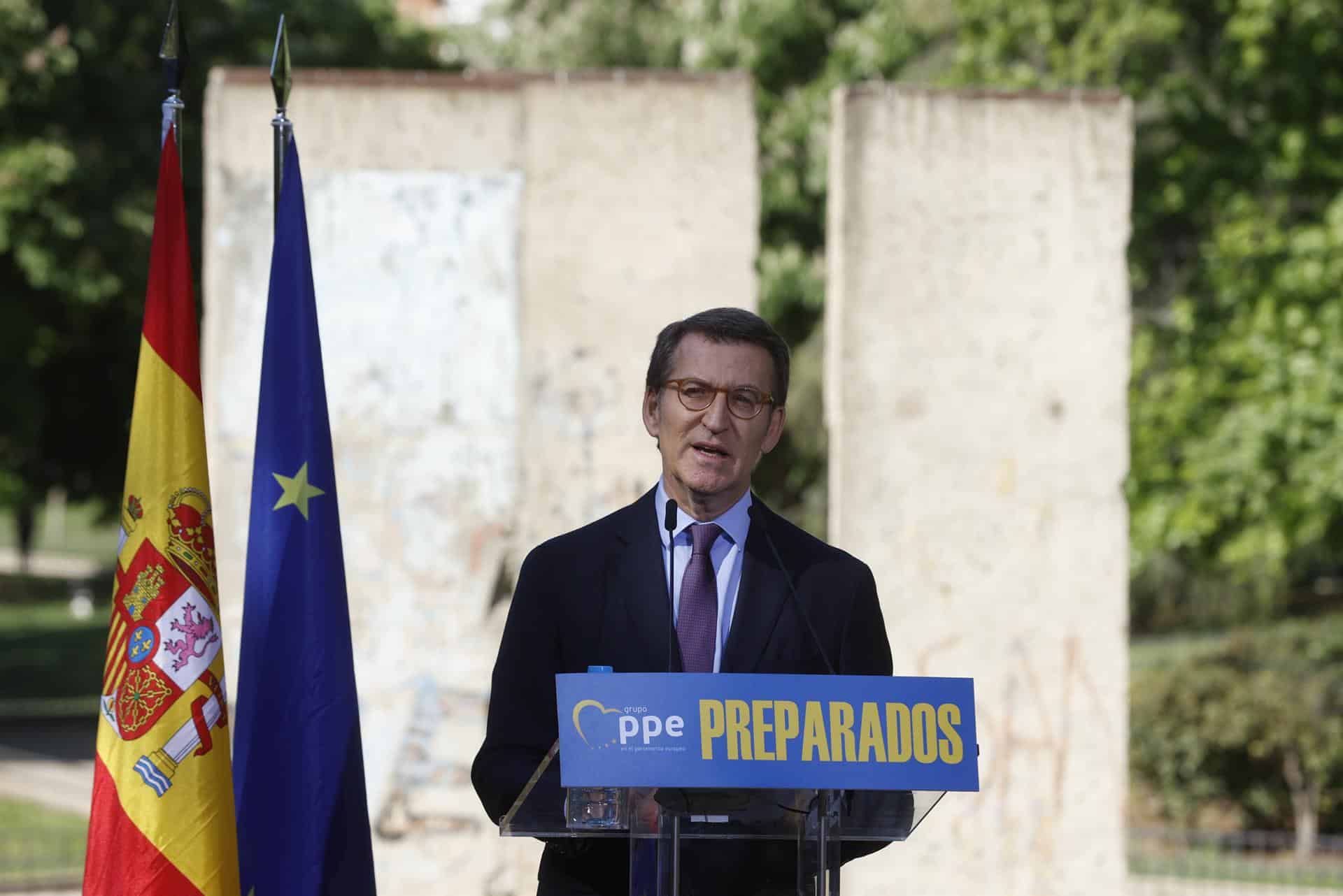 El presidente del PP, Alberto Núñez Feijóo, durante el acto por el Día de Europa celebrado en el Parque de Berlín (Madrid).