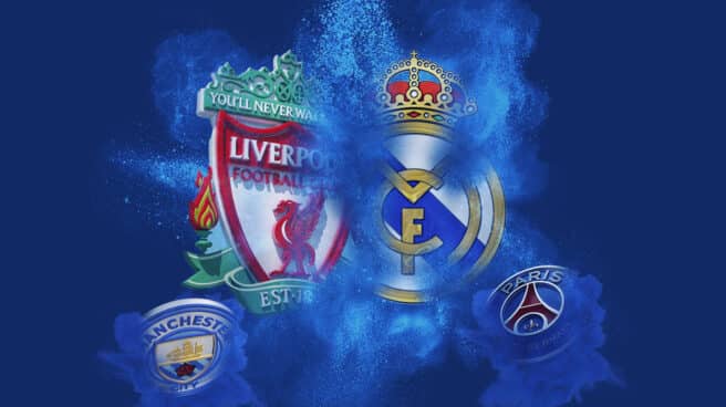 Escudos del Liverpool y del Real Madrid enfrentados en el centro y a los lados el escudo del Manchester y PSG