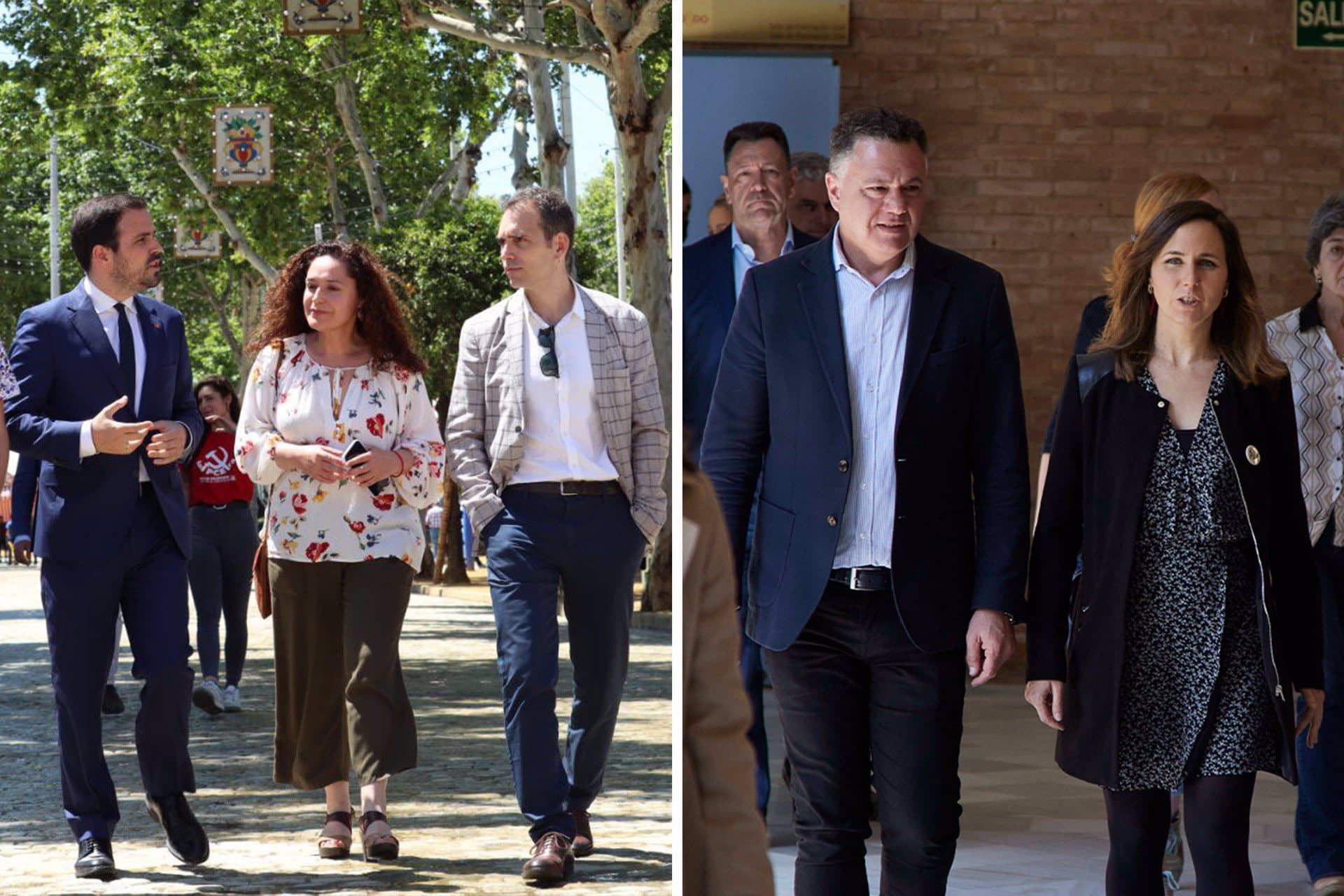 Fotomontaje con Alberto Garzón, Inmaculada Nieto y Toni Valero (IU), a la izquierda, y Juan Antonio Delgado e Ione Belarra (Podemos) a la derecha.