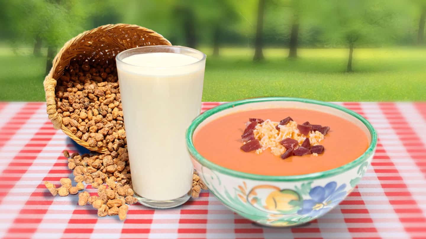 Imagen de una horchata y un salmorejo