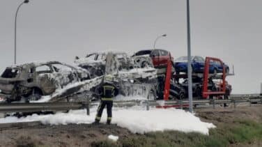 Cinco vehículos arden en un camión portacoches en el peaje de entrada a Tudela